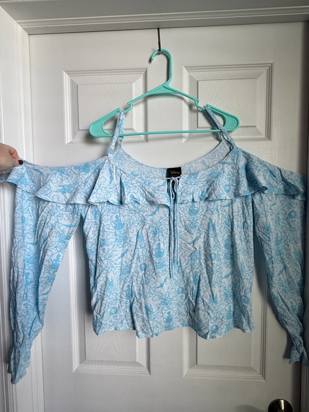 Disney Women's Light Blue Off-Shoulder Ruffle Top
